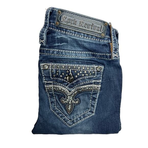 Rock Revival Haile Mid Rise Skinny Bling Blue Jeans Women's Size 24X30 - Picture 1 of 13